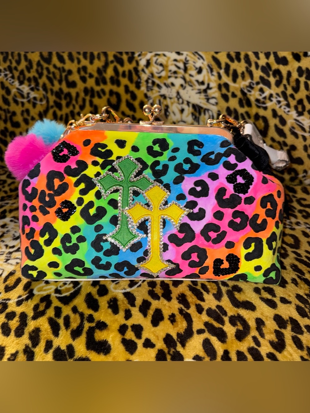 🌈NWT Custom Juicy Couture Neon Leopard Print Lisa Frank Kiss Lock Clutch Bag🌈 - Picture 7 of 10
